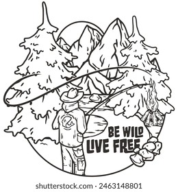 Line art illustration showcases a captivating outdoor scene with mountains, tall trees, a hiker for fishing, camping and hiking enthusiasts.