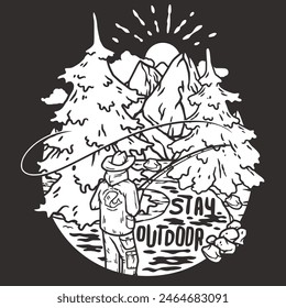 Line art illustration showcases a captivating outdoor scene with mountains, tall trees, a hiker for fishing, camping and hiking enthusiasts.