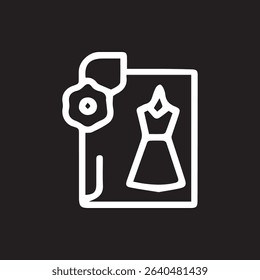 Line art illustration showcasing a dress design with floral decoration on black background ideal for fashion and design concepts