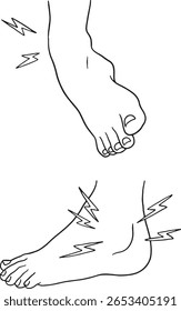 Ilustração da arte da linha mostrando dois pés, um indicando dor no tornozelo com símbolos de raio ao redor do tornozelo, e o outro representando dor no pé ou desconforto. A imagem representa vários pés.