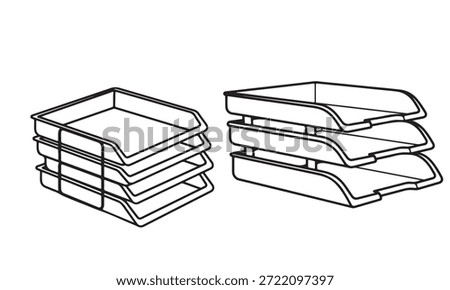 Line art illustration showing two distinct designs of stacked paper trays. One set features four trays supported by a wire frame, while the other displays three self-stacking trays, both ideal for office document organization.