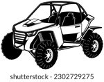 Line art illustration of side-by-side utility vehicle on white background.