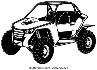 Line art illustration of side-by-side utility vehicle on white background.