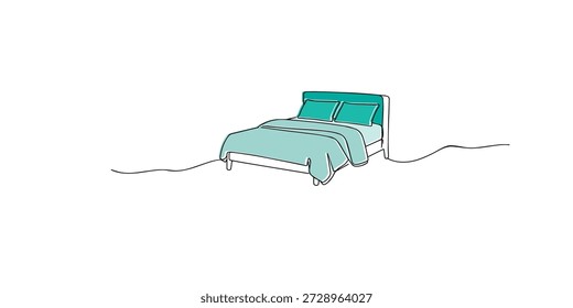 Ilustración de arte de línea de una cama simple con un diseño moderno minimalista y un contorno limpio. Ilustraciones de línea continua dibujadas a mano que representan el interior acogedor del dormitorio, la atmósfera tranquila y el estilo de muebles simples.