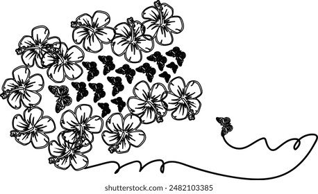 line art illustration, sketch of flowers and butterflies