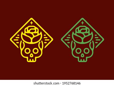 Line art illustration of skull head and rose flower green and yellow color design