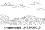 Line art illustration of a sky filled with clouds and waves in the ocean. The waves are high and the water is choppy