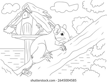 Line art illustration of a small animal on a tree branch near a birdhouse by water, suitable for coloring books or children's activities, black and white outline drawing.