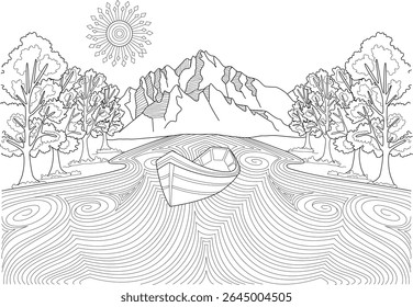 Line art illustration of a small boat floating on a river with abstract wavy patterns, surrounded by trees and mountains under a stylized sun. Ideal for coloring books and nature-themed projects.