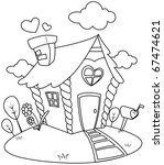 Line Art Illustration of a Small House with a Valentine Theme (Coloring Page)