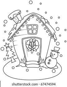 Line Art Illustration of a Small House with a Christmas Theme (Coloring Page)