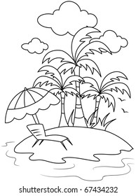 Line Art Illustration of a Small Isle with a Beach Umbrella and Reclining Chair in Front (Coloring Page)