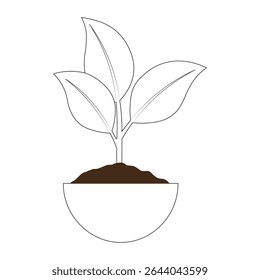 Line art illustration of a small plant in a pot with leaves. Represents growth, environment, sustainability, and nature.
