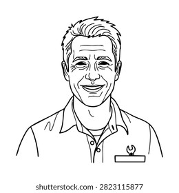 A line art illustration of a smiling middle-aged man with short hair, wearing a collared shirt with a wrench symbol on his pocket, suggesting a worker or technician.