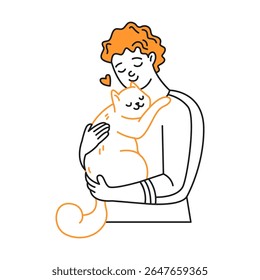 Ilustração de arte de linha de uma pessoa sorridente abraçando um gato relaxado. Design simples com contornos em preto e laranja em um fundo branco. Representa afeto e conforto.