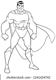 Line art illustration of smiling superhero standing tall on white background.