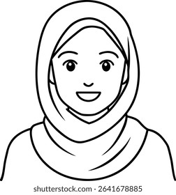Line art illustration of a smiling woman wearing a hijab, facing forward. Simple black and white style ideal for education, identity, diversity themes, or coloring book designs.

