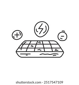 Line art illustration of a solar panel with plus, minus, and lightning bolt icons. Concept of renewable energy, clean energy, green energy, sustainability, and alternative energy.