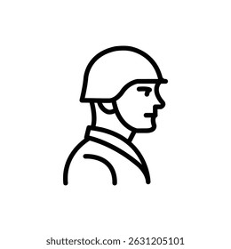 Line art illustration of a soldier in profile view, wearing helmet. Simple design.