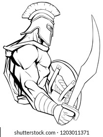 Line art illustration of Spartan warrior holding sword and ready for battle.
