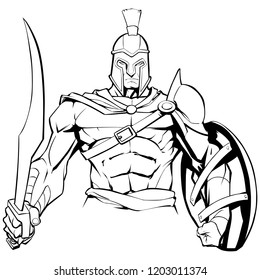 Line art illustration of Spartan warrior holding sword and shield, ready for battle.