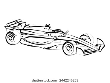 Line art illustration of sports Formula car 2024, side view. Vector line drawing for brochure or t-shirt print.