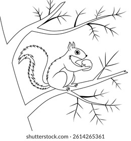 Line art illustration of a squirrel holding food on a tree branch. Perfect for kids’ coloring books, educational materials, and wildlife-themed vector designs.