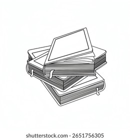 Line art illustration of a stack of three books, with one open on top