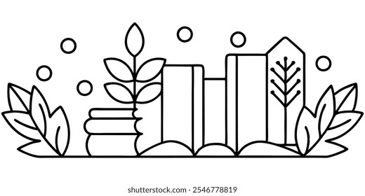 Line art illustration of stacked books, plants, and a house-shaped bookend, creating a cozy reading atmosphere.