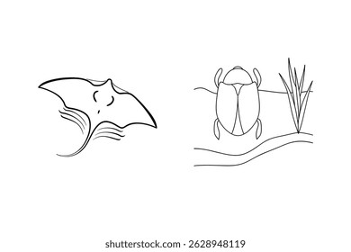 Ilustração de arte de linha de uma arraia e um besouro representando a natureza e a vida selvagem