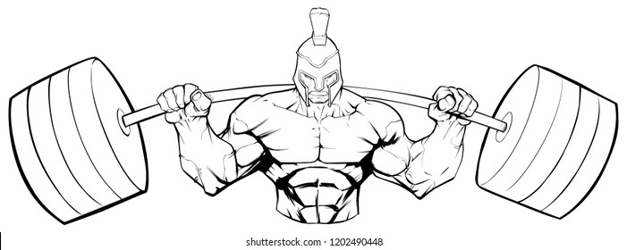 Line art illustration of strong Spartan warrior doing squats with a barbell on white background.