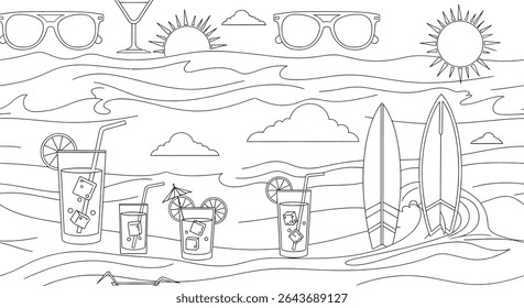 Line art illustration of a summer beach scene with surfboards, drinks with ice, sunglasses, sun, clouds and ocean waves.