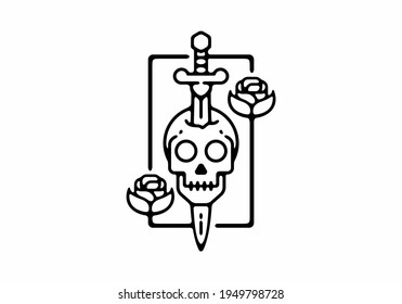 Line art illustration tattoo of skull with sword and rose design
