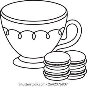 Line art illustration of a teacup with an ornate design and a stack of macarons beside it, perfect for menus, websites, or tea-themed projects.