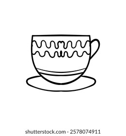 Line Art Illustration of  Teacup and Saucer with Wave Pattern