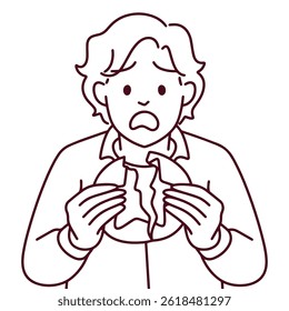 Line art illustration of Teen boy looking shocked while breaking Dalgona candy, showing frustration after failing the sugar cookie challenge