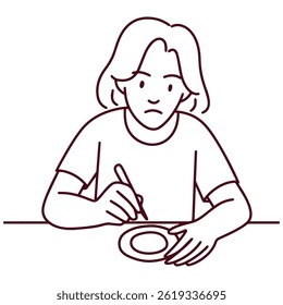 Line art illustration of Teen girl carefully carving Dalgona candy with needle, focused on shaping the cookie during the sugar challenge