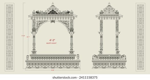 line art illustration of Temple inside gate and wedding Gate Background With Border 