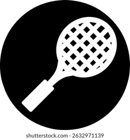 Line art illustration of a tennis racket with tight, crisscrossed strings and a comfortable grip handle. Black icon.