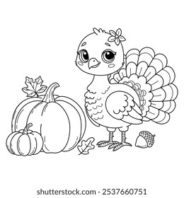 Line art illustration for Thanksgiving featuring cute turkey with pumpkins and autumn leaves. Perfect for coloring pages