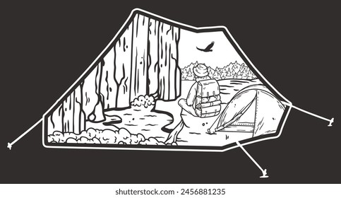 Line art illustration that encapsulates the spirit of outdoor adventure, featuring a camper beside a tent with a mountainous, wildlife-abundant backdrop, ideal for nature enthusiasts.