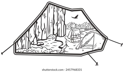 Line art illustration that encapsulates the spirit of outdoor adventure, featuring a camper beside a tent with a mountainous, wildlife-abundant backdrop, ideal for nature enthusiasts.