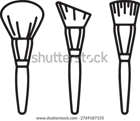 Line art illustration of three different makeup brushes with cosmetic tools illustration minimalist decorative artistic application foundation cosmetics abstract painting artistry