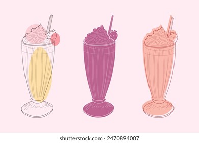 A line art illustration of three milkshakes with whipped cream and strawberries. The milkshakes are depicted in different colors and arranged in a row.