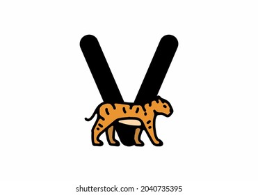 Line art illustration of tiger with V initial letter design