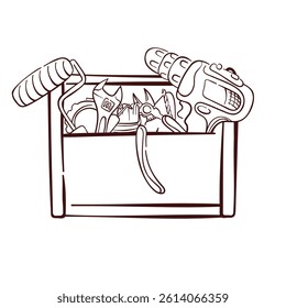 Line art illustration of a toolbox filled with various tools including a drill, wrench, pliers and roller. Repair maintenance and construction concept isolated on a white background.