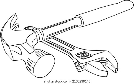 Line art illustration of Tools Hammers Nail Nail Drill Nut Screw Tool, Outline sketch drawing of tools hammer