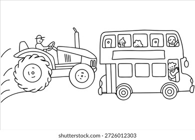 Ilustración de arte de línea de un tractor y autobús de dos pisos con pasajeros, perfecto para colorear páginas y actividades para niños.