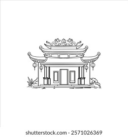 A line art illustration of a traditional Asian temple featuring ornate details. Framed by ornate roof structures and hanging lanterns, this temple artwork exudes a serene and cultural ambiance.