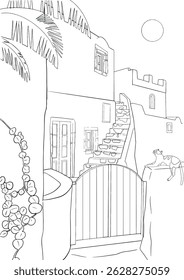 Line art illustration of a traditional Greek village with stone steps, a cat, and Mediterranean architecture. Perfect for coloring pages or travel-themed designs.